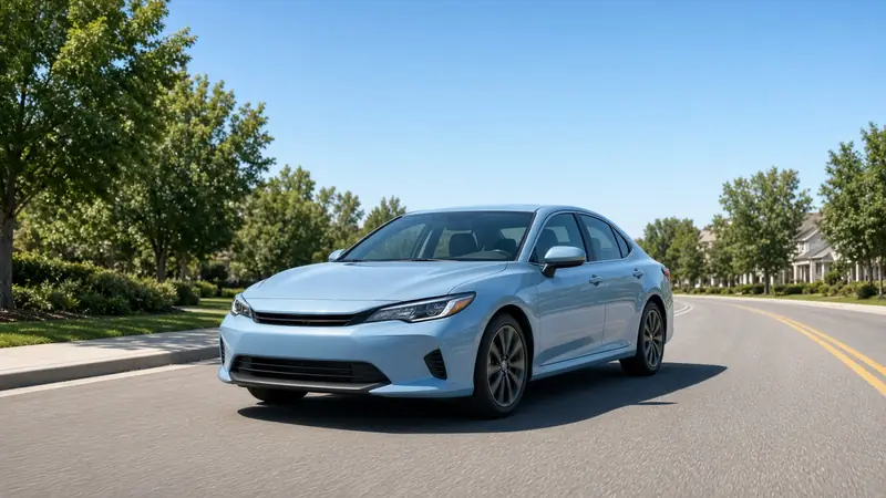 Light blue sedan driving on a sunny tree-lined road