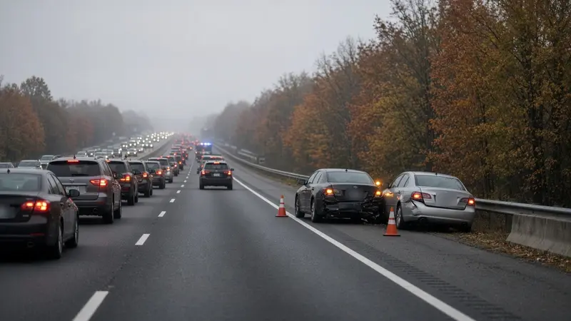 Stopped traffic on a multi-lane highway with two damaged sedans on the shoulder behind traffic cones